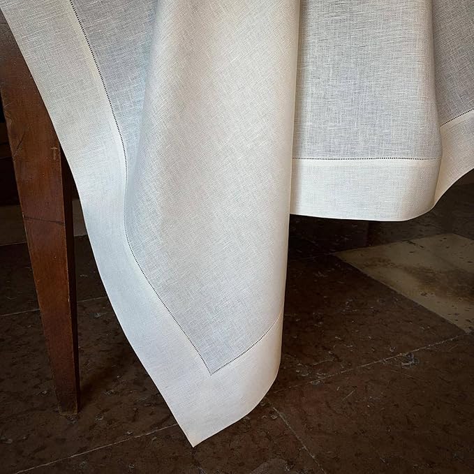 EVERLY Pure Linen Hemstitch Tablecloth,100% Stonewashed French Linen tablecloths for Kitchen Dining Rectangle Tables,60x84Inch Machine Washable Christmas Thanksgiving Organic Tablecloth-White
