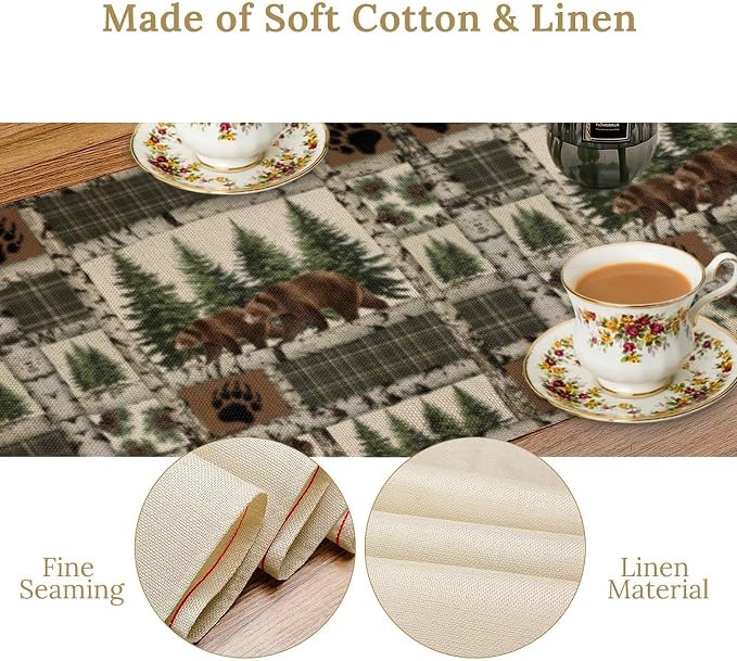 Vintage Rustic Cabin Moose Deer Bear Table Runner, Retro Bear Cottage Country - Image 5