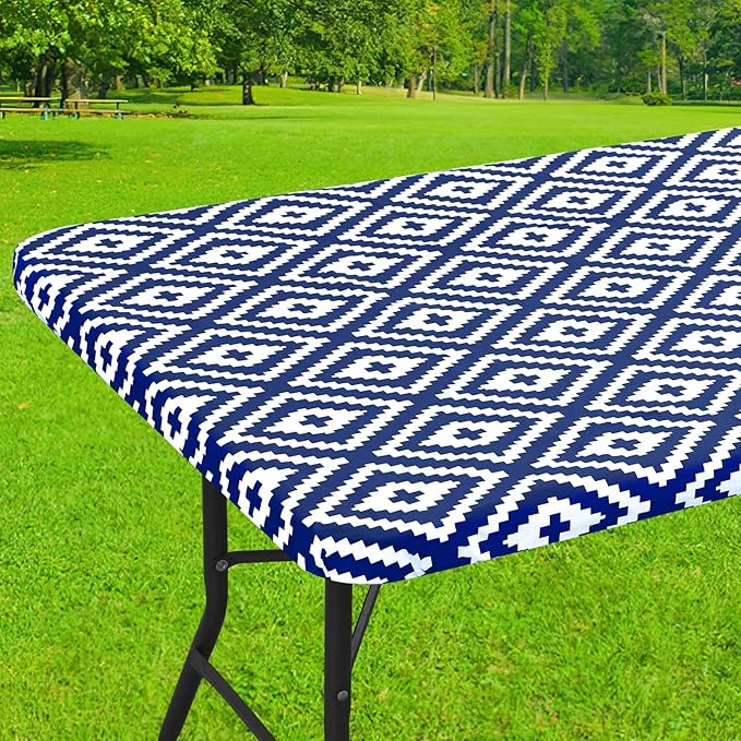 Smiry Rectangle Table Cloth Cover, Waterproof Elastic Fitted Picnic Tablecloth for 8 Foot Tables, Wipeable Flannel Backed Vinyl Tablecloths for Camping, Dining, Outdoor (Navy, 30" x 96")