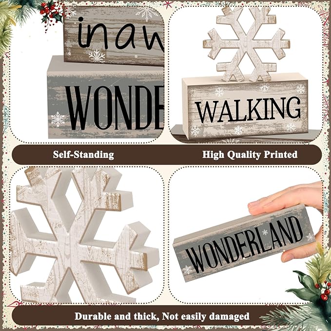 Moucuny 4 Pcs Christmas Table Decorations Wooden Snowflake Decor Winter Tiered - Image 5