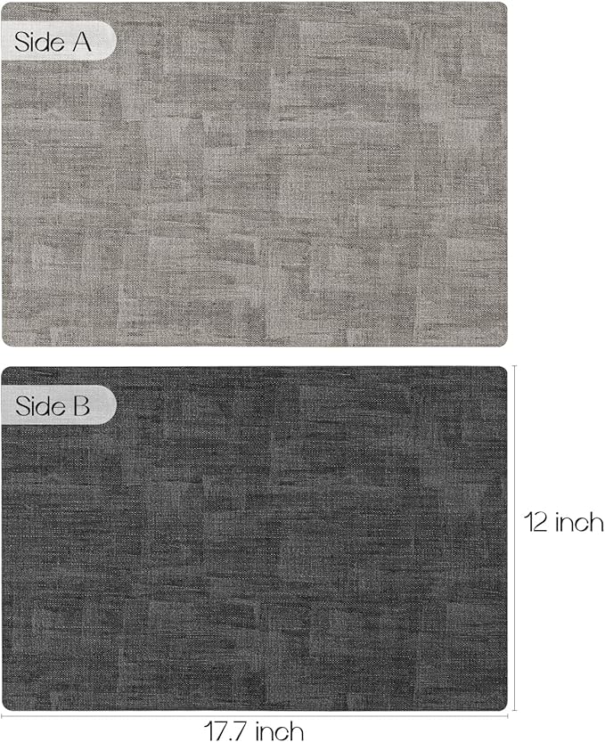 Romanstile Reversible Vinyl Placemats Set of 8, Faux Leather 100% Waterproof Oil-proof Wipeable Place Mats, Heat Resistant Dual Sided Table Mats for Kitchen/Dining/Party (Grey Light Grey, 12 x 17 Inch