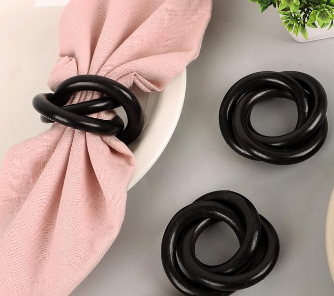 Triple-Ring Wood Napkin Rings, matte black finish, interlocked cuff style - Image 5