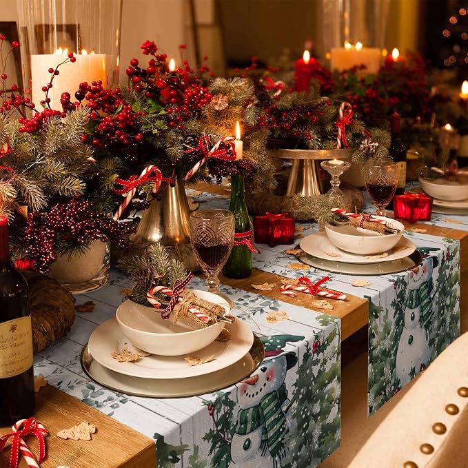 Christmas Snowman Table Runner 70 Inches Long, Xmas Trees Eucalyptus Leaves - Image 6
