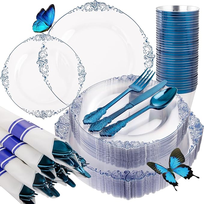 Hioasis 175pcs Clear and Blue Plates - Blue Party Plates for 25 Guest, Include 50 Heavy-duty Plates(20% Thicker Than Standard), 25 Pre Rolled Gold Plastic Silverware Set, 25 Cups