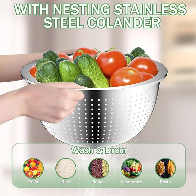 Mixing Bowls with Lids Set, Stainless Steel Mixing Bowls with Colander, Strainer with Mixing Bowl Set, Kitchen Gadgets Bowl Christams Gift, Size 4.5, 2.5, 2, 1.5QT - Black