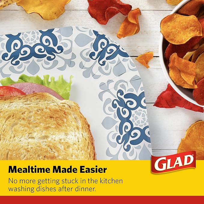 Glad Printed Disposable Paper Plates, 50 Count 10 Inch | Heavy Duty Soak Proof Paper Plates with Beautiful Printed Design | 50 Count Square Paper Plates