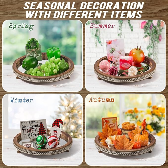 KULEDM Handmade Wooden Serving Tray, Small Beaded Coffee Table Tray Decor, Mirror Round Decorative Tray for Coffee Table, Dining Room Table Entryway and Living Room Table, TR700