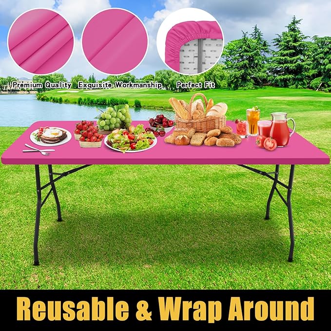 Smiry Rectangle Picnic Table Cloth, Waterproof Elastic Fitted Tablecloths for 4 Foot Tables, Washable Polyester Table Cover for Camping, Indoor and Outdoor (Rose Pink, 30"x48")