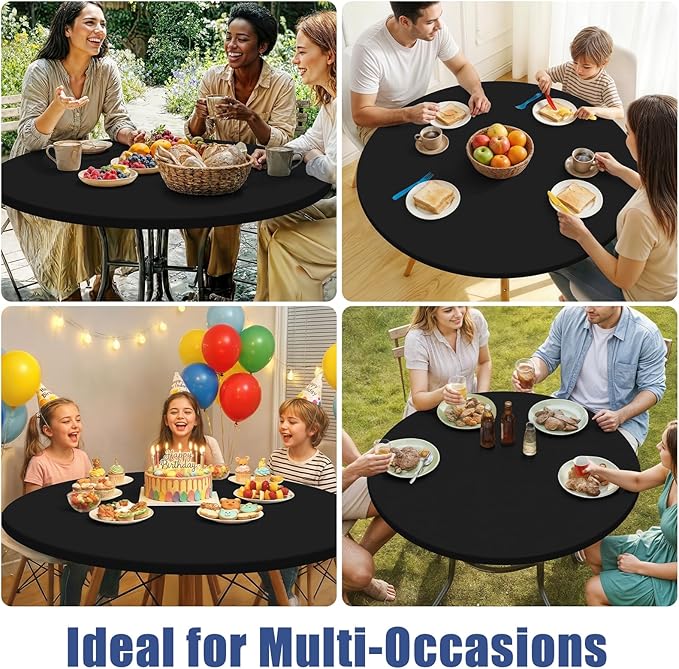 Round Spandex Tablecloth 2 Pack, Elastic Fitted Waterproof Tablecloths for 57"-68" Tables, Stretch Washable Picnic Table Cover for Camping, Dining, Indoor and Outdoor, Black