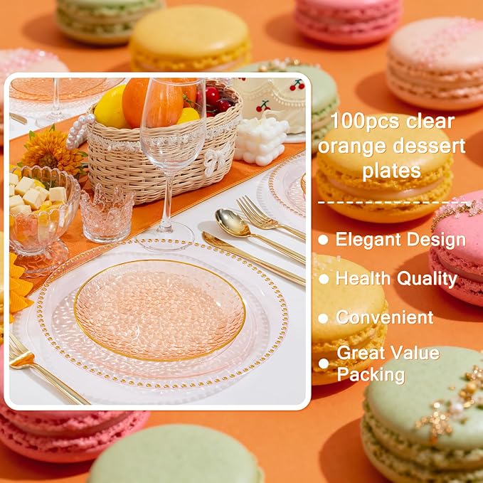 Rubtlamp 100 Pcs Clear Orange Gold Plastic Plates, Hammered Orange Party Plates,Heavy duty Dessert Plates,Disposable Salad/Dessert Platos,Clear Gold Plastic Platos 7 Inch For Thanksgiving,Halloween