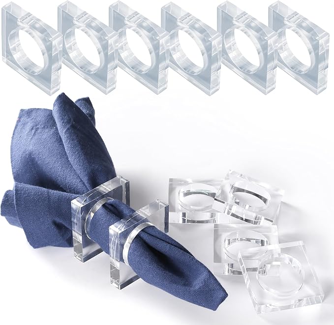 CLEENTABLE Acrylic Set of 12 Square Beveled Napkin Ring - Cloth Napkin Rings Serviette Buckles for Wedding, Birthday, Banquet, Table Décor, Home Décor, Gifting (Transparent)