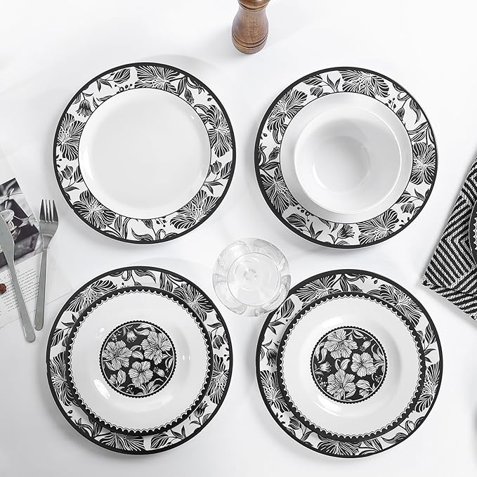 Melamine Dinnerware Sets 12pcs-Melamine Plates and Bowls Set Black Flower Lily Pattern Indoor Outdoor Use Unbreakable Dishwasher Safe