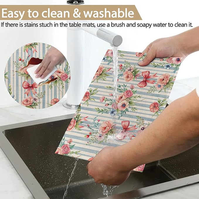 Table Placemats Set of 6, Waterproof Linen Fabric, Non-Slip Backing & Easy Clean, Elegant Dining Table Protectors for Family and Guests(Vintage Floral Countryside)