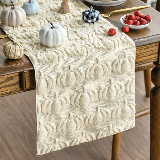 Artoid Mode Beige Soft Faux Fur Pumpkins Fall Table Runner 13x120 Inch | by ArtoidMode