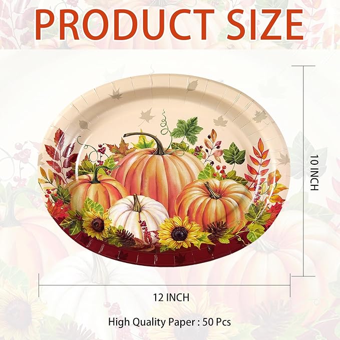 Grencian 50Pcs Fall Oval Paper Plates 10" x 12" Large Disposable Heavy Duty Pumpkin Plates Thanksgiving Pumpkin Sunflower Paper Platters for Thanksgiving Fall Harvest Holiday Decorations