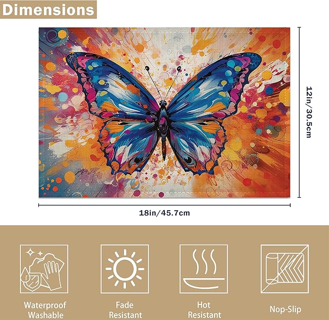 Table Placemats Set of 6, Waterproof Linen Fabric, Non-Slip Backing & Easy Clean, Elegant Dining Table Protectors for Family and Guests(Colorful Butterfly)