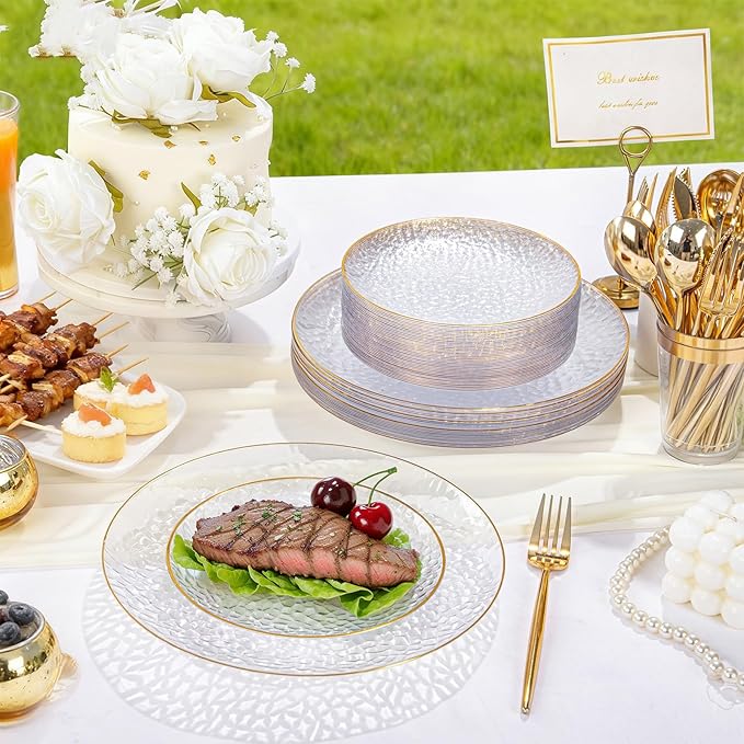Rubtlamp 150Pcs Plastic Plates, Heavy Duty Clear Plates With Gold Rim, Hammered Gold Dinnerware Set Include 30 Dinner Plate, 30 Dessert Plate, 90 Plastic Silverware