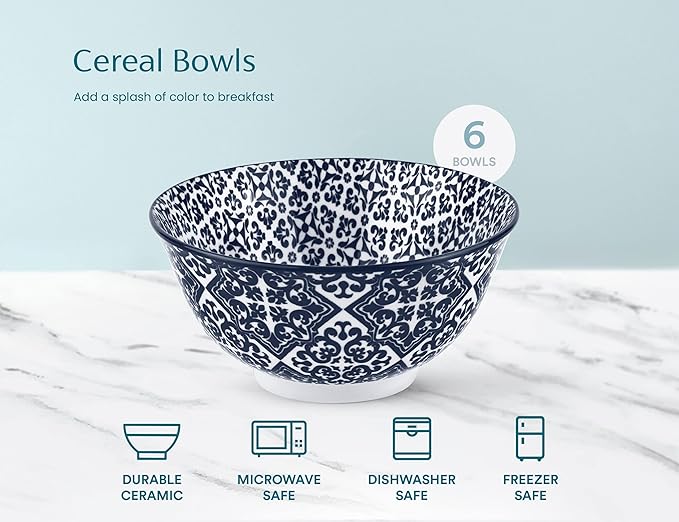 KooK Cereal Bowls, Ceramic Make, Vibrant Color, Multi Color Designs, Bowls for Thanksgiving, Christmas and Kitchen Perfect for Soup, Pasta, Salad, Ice Cream, Blue And White Set of 6, 18oz (Navy)