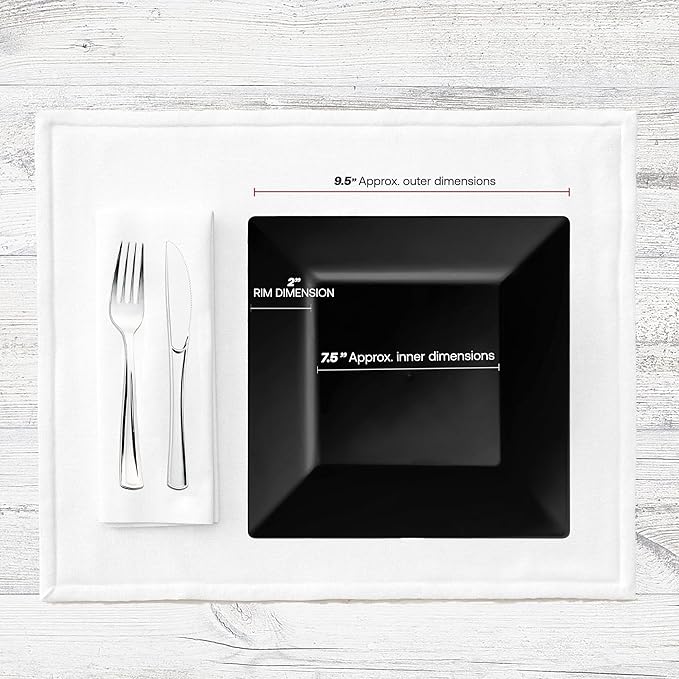 Smarty Had A Party 120 Elegant Disposable Plastic Dinner Plate, 9.5" Heavy Duty Fancy Square Black Dinner Plates for Parties and weddings