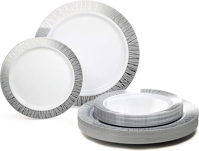 OCCASIONS 240 Plates Pack,(120 Guests) Premium Wedding Party Disposable Plastic Plates Set -120 x 10.25'' Dinner + 120 x 7.5'' Salad/Dessert (Starlight in White & Silver)