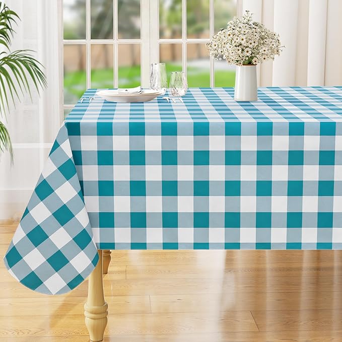 misaya Rectangle Waterproof Vinyl Table Cloth, Buffalo Flannel Backed Tablecloth, Wipeable Plastic Table Cover for Dinner, Kitchen, Outdoor (60" x 120", Turquoise and White)