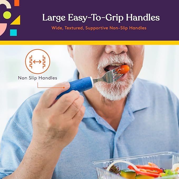 Special Supplies Adaptive Utensils (5-Piece Kitchen Set) Wide, Non-Weighted, Non-Slip Handles for Hand Tremors, Arthritis, Parkinson’s or Elderly Use - Stainless Steel Knives, Fork, Spoons - Blue