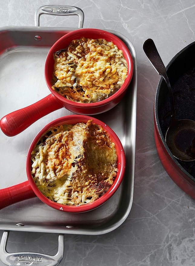 LE TAUCI French Onion Soup Bowls, 15 Ounce Ceramic Soup Bowls with Handles, for Chili, Beef Stew, Oven Microwave Dishwasher Safe, Set of 4, Red