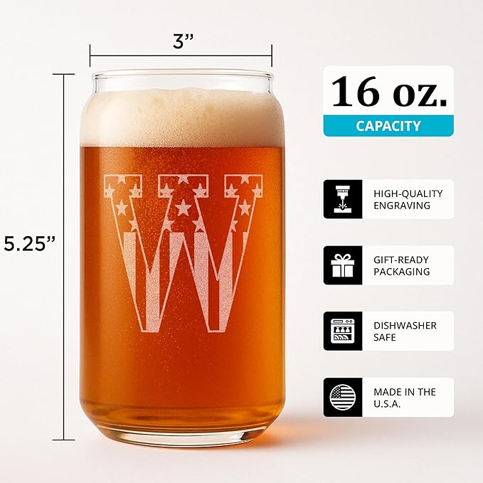 Monogram Beer Glasses for Men (A-Z) 16 oz - Beer Gifts for Men Brother Son Dad Neighbor - Unique Gifts for Him - Personalized Drinking Gift Beer Glass Mugs - Engraved Beer Can Glass (W)