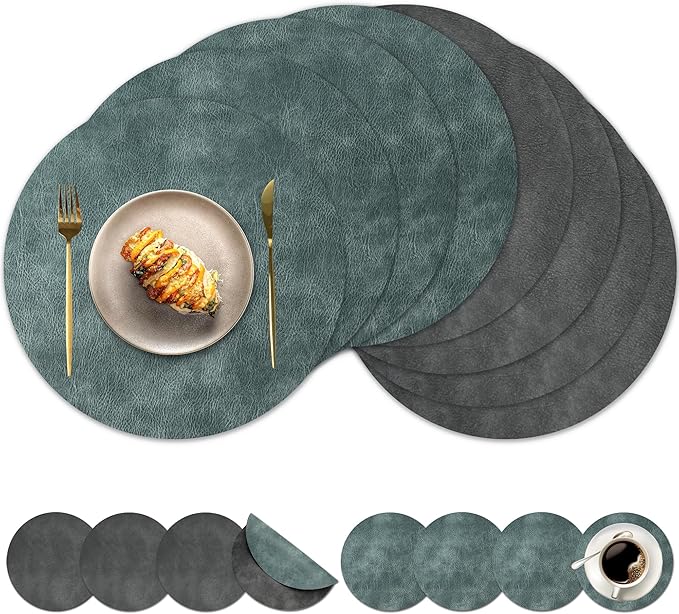 Round Placemats and Coasters Set of 8, Washable Reversible Faux Leather Placemats Cowhide Pattern Place Mats Wipeable Non-Slip 15 inch Round Kitchen Dining Table Mats (Gray Blue Green, 8)