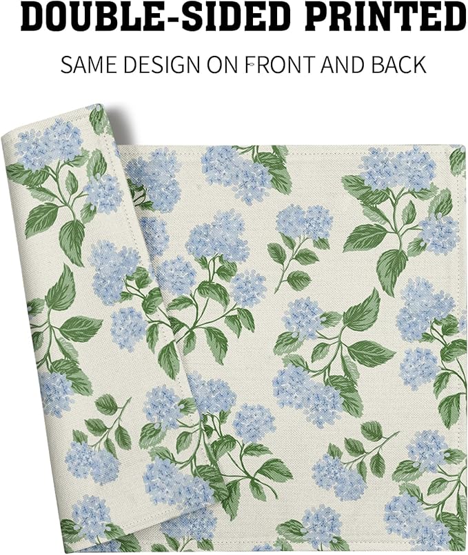 Hydrangea Placemats Set of 4 - Spring Summer Place Mats 12x18 Blue Floral Table Mats Flower Kitchen Mats for Party Dining Table