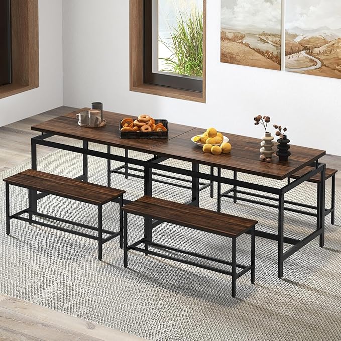 Giantex Kitchen Table Chairs Set of 3 - Dining Table Set for 4 with 2 Benches, Metal Frame, Space-Saving Dinette Table Set for 4, Small Places Breakfast Nook Table Set, Kitchen Table Set, Brown