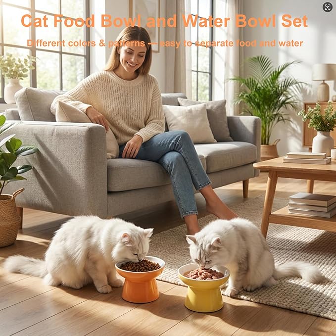 Elevated Cat Bowls,2 Pcs Ceramic Raised Cat Food Bowls with Non-Slip Base,Whisker-Friendly Shallow Design,Lead & Cadmium Free Pet Feeder,Dishwasher and Microwave Safe (Orange&Yellow)