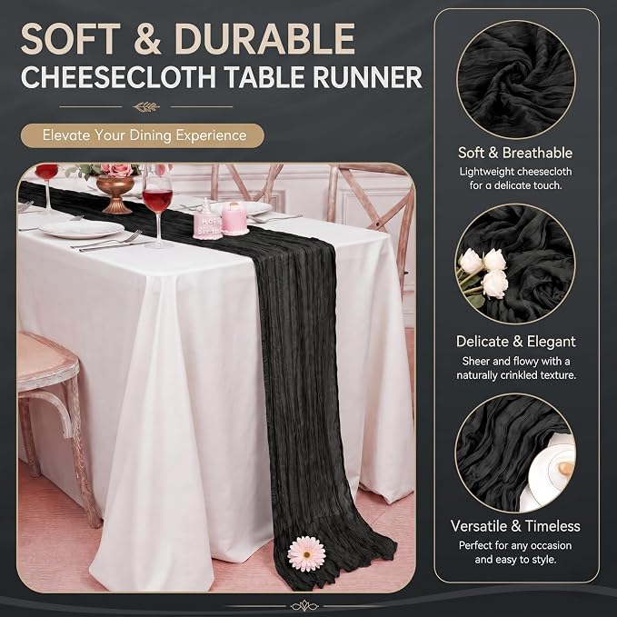 2 Pack Black Cheesecloth Table Runner 17x108 Inch Boho Rustic Semi Sheer Gauze - Image 4