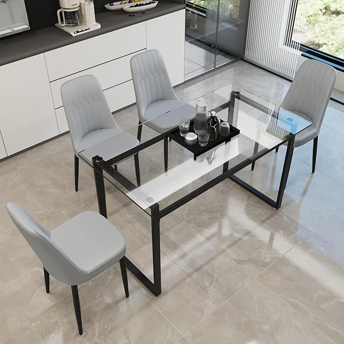Modern Glass Dining Table Set for 4, Rectangular Kitchen Table Set, 5 Piece Dining Table Set with 1 Tempered Glass Table and 4 PU Dining Chairs for Dining Room, Kitchen,Office