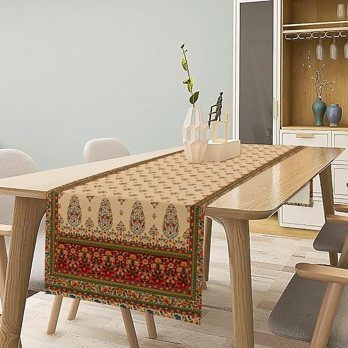 Boho Paisley Table Runner, Vintage Western Brown Dark Red Beige Flowers Leaves - Image 2