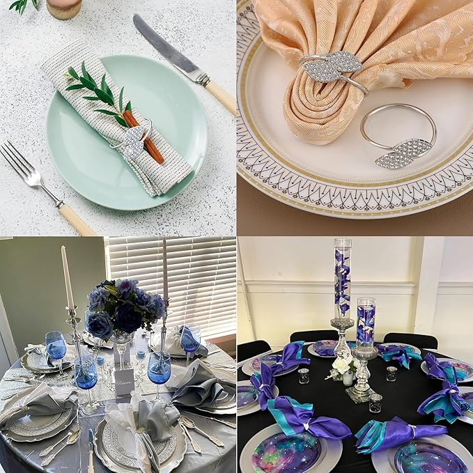 Set of 100 Napkin Rings Metal Silver Elegant Bling Leaves Rhinestone Napkin Rings Bulk Dinner Banquet Serviette Decor, Dining Table Setting for Thanksgiving Christmas Holiday Wedding Party