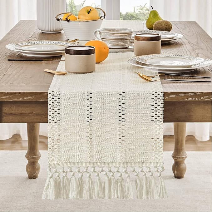 Macrame Style Boho Table Runner, 12x72 Inch Ivory | Woven Boho Table Runner - Image 2