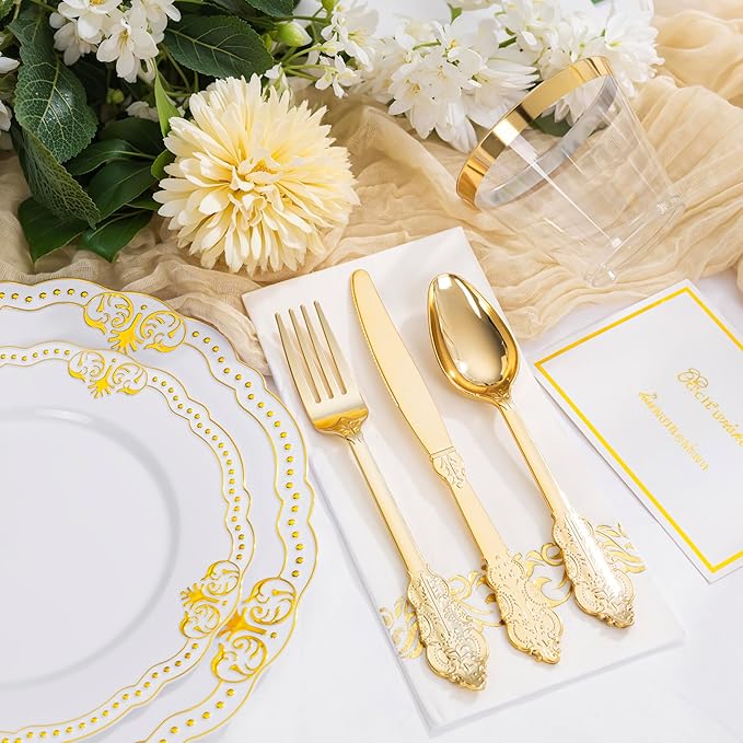 Ciaell 175 PCS White and Gold Plastic Plates - Fancy Gold Disposable Dinnerware Set with of 50 Plastic Plates, 25 Knives, 25 Forks, 25 Spoons, 25 Cups, 25 Napkins for Wedding, Party