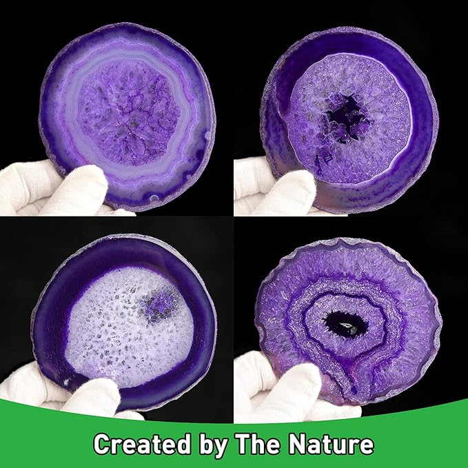 Agate Coaster Set of 4, 3.5-4" Natural Geode Stone Coasters for Drinks Coffee Table Decor Agate Slices Glass Cups Holder for Home Guest Room Housewarming Birthday Gift (Purple)