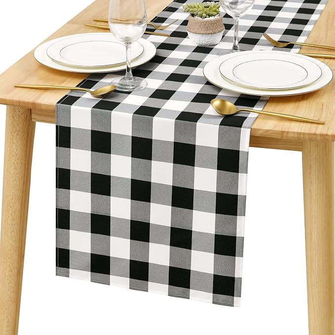 Buffalo Plaid Table Runner Black and White 14W x 36L, 1 Piece | Waterproof by Hiasan