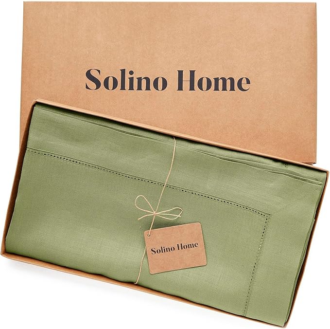 Solino Home Linen Tablecloth 60 x 144 Inch - Classic Hemstitch 100% Pure Linen Moss Green Table Cloth for Rectangle Tables - Machine Washable Tablecloth for Winter, Spring, St Patricks Day, Easter