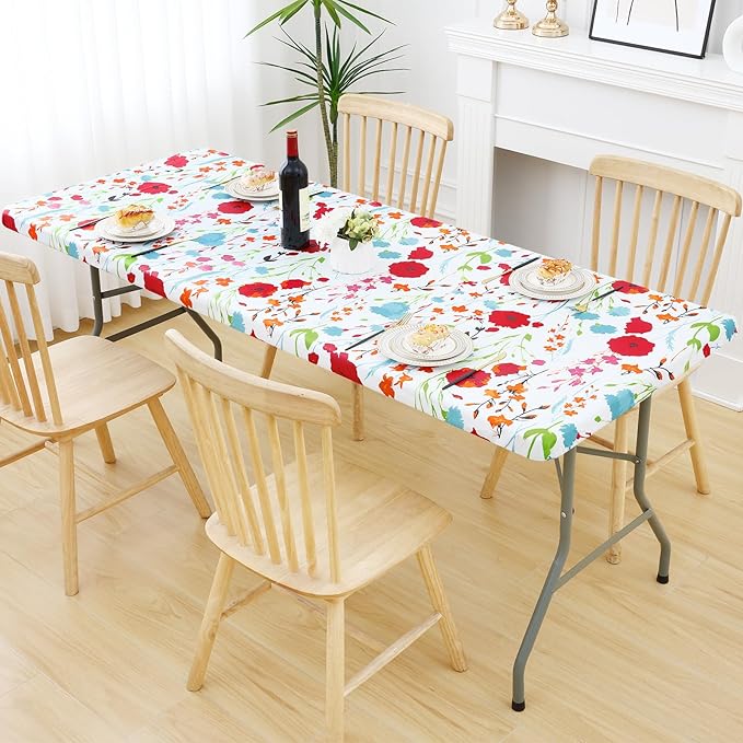Smiry Rectangle Table Cloth Cover, Waterproof Elastic Fitted Picnic Tablecloth for 4 Foot Tables, Wipeable Flannel Backed Vinyl Tablecloths for Camping, Dining, Outdoor (Off White, 24" x 48")