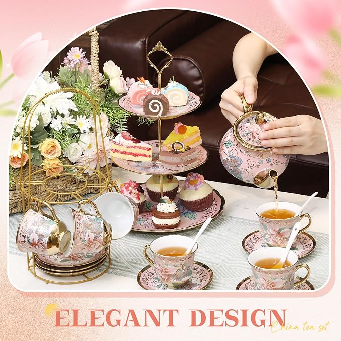21 Pcs Ceramic Teapot Set Vintage Porcelain Tea Cups - Image 3