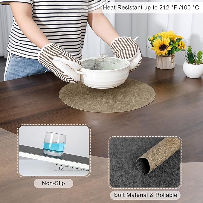 Myir JUN Round Placemats Dual Sided, Faux Leather Place Mats Set of 8 Indoor Placemats for Dining Table Outdoor Non-Slip Washable Table Mats (Set of 8, Gray Beige)