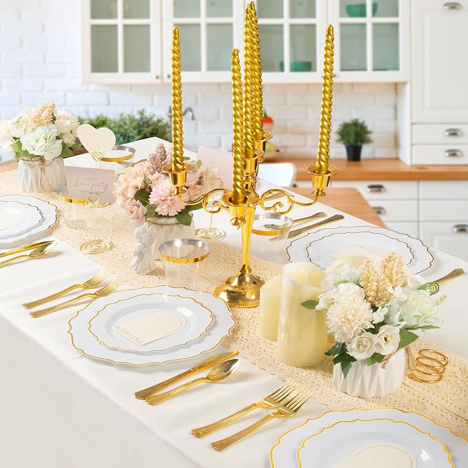 100 Pcs White & Gold Dessert Plastic Plates 7.5" Cake Disposable Plates | White - Image 7
