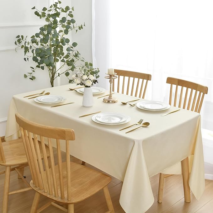 JIUZHEN Faux Linen Farmhouse Tablecloth Rectangular, Wrinkle Stain Resistant Table Cloth Rectangle Table Cover for Kitchen Dining, Champagne, 70 x 140 Inch