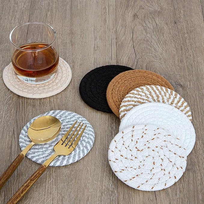 8 Pcs Drink Coasters with Holder, Handwoven Cotton Coasters Set Stackable Absorbent Minimalist Home Decor for Table, Cup, Mug (Hemp Rope)