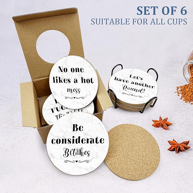 Funny Cork Drink Coasters Absorbent with Holder 6 Pcs Absorbing Stone Funny Drink Coaster Gift Set Housewarming New Home Apartment Kitchen House Decor Gift for Women Men