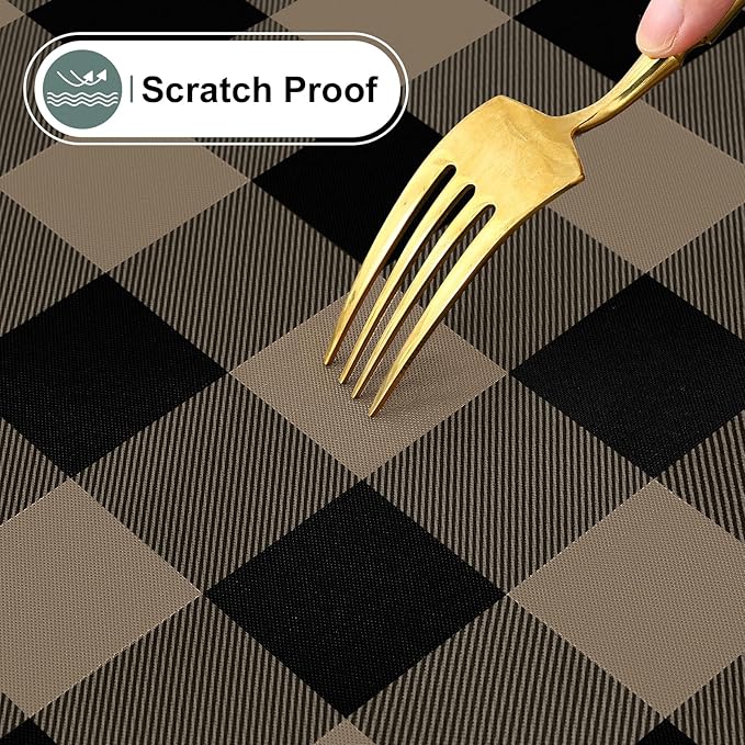 misaya Rectangle Waterproof Vinyl Table Cloth, Buffalo Flannel Backed Tablecloth, Wipeable Plastic Table Cover for Dinner, Kitchen, Outdoor (60" x 120", Black and Khaki)