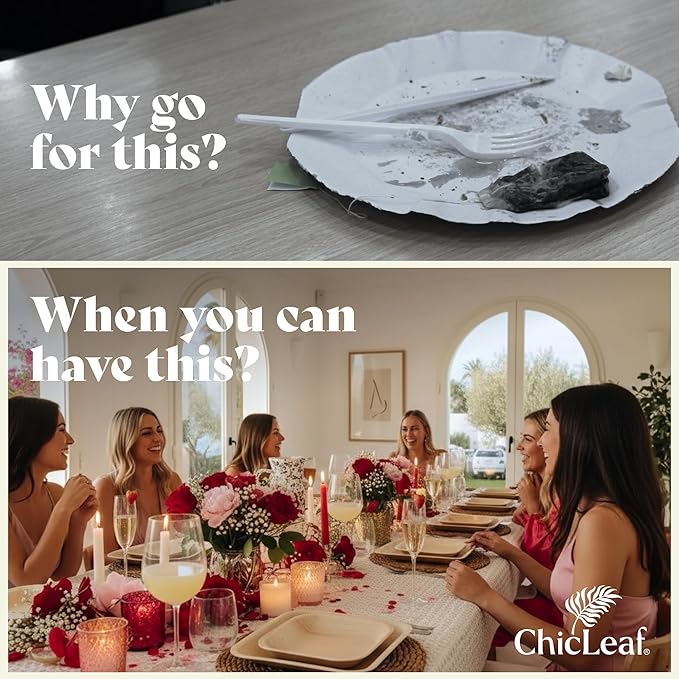 Chic Leaf Palm Leaf Plates - 10" Round - 50 Pack of 100% Compostable & Disposable Bamboo Style Plates - Heavy Duty, Sturdy Paper Alternative for Wedding Desserts, Events & Romantic Gourmet Catering